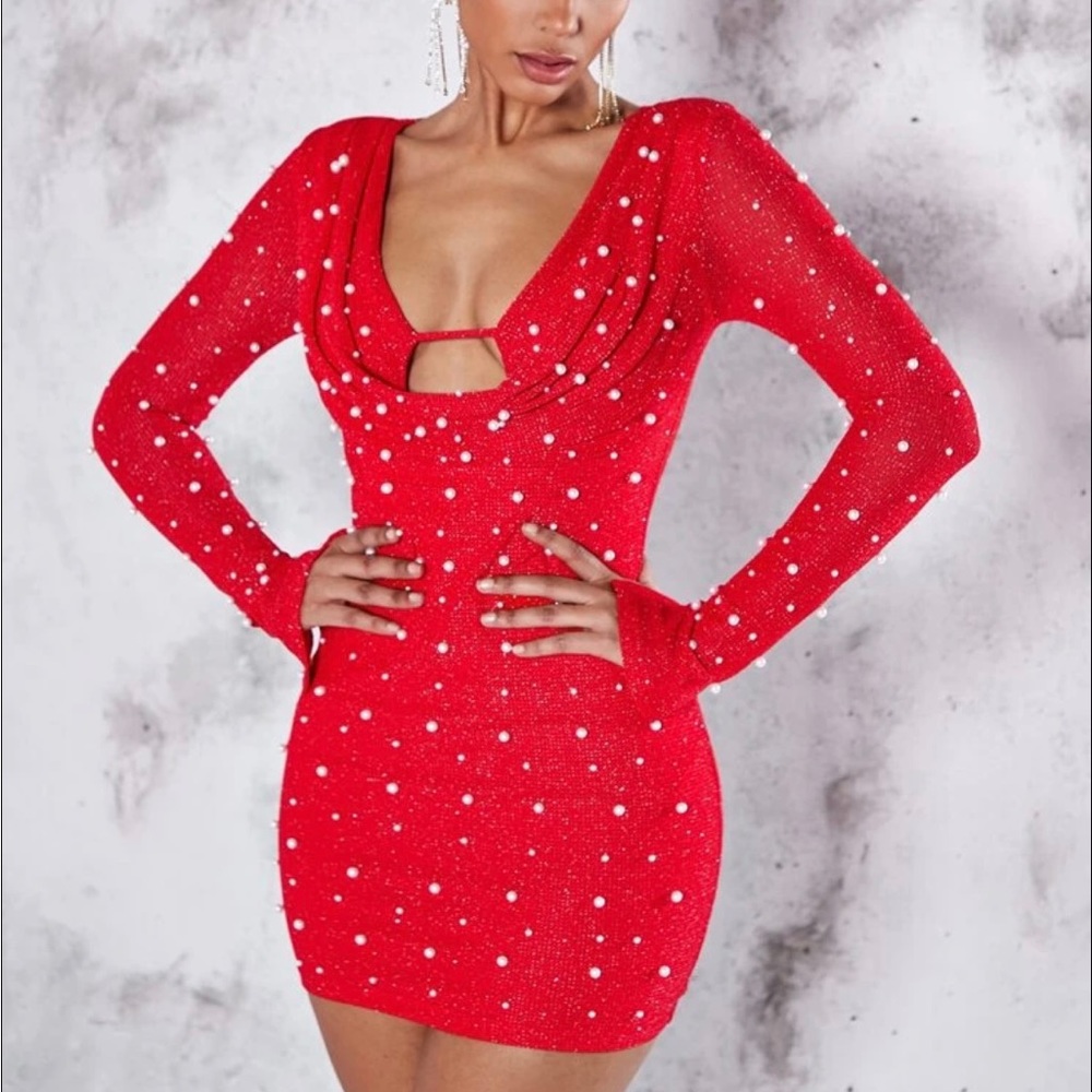 Red Pearl beaded mini dress